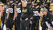 Nov 2, 2024; Iowa City, Iowa, USA; Iowa Hawkeyes head coach Kirk Ferentz watches his team warm up before the game against the Wisconsin Badgers at Kinnick Stadium. Mandatory Credit: Jeffrey Becker-Imagn Images