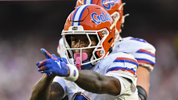 Oct 11, 2025; College Station, Texas, USA; Florida Gators wide receiver Vernell Brown III (8) motions during the first half against the Texas A&M Aggies at Kyle Field. Mandatory Credit: Maria Lysaker-Imagn Images 