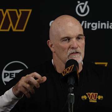 Washington Commanders head coach Dan Quinn speaks with the media prior to day one of minicamp.