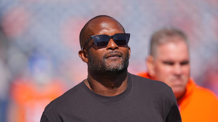 Oct 6, 2024; Denver, Colorado, USA; American football player Champ Bailey before the game between the Las Vegas Raiders against the Denver Broncos at Empower Field at Mile High. Mandatory Credit: Ron Chenoy-Imagn Images Oct 6, 2024; Denver, Colorado, USA; American football player Champ Bailey before the game between the Las Vegas Raiders against the Denver Broncos at Empower Field at Mile High. Mandatory Credit: Ron Chenoy-Imagn Images