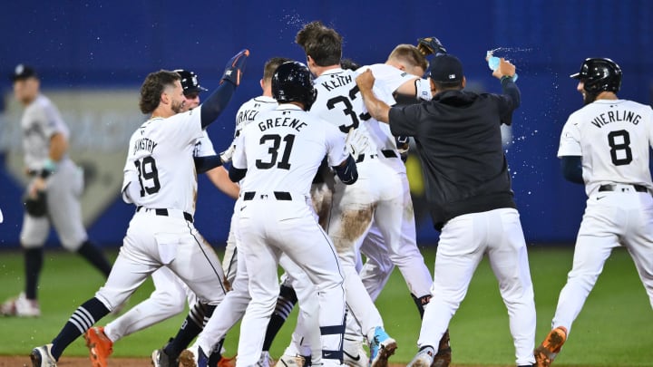 Aug 18, 2024; Williamsport, Pennsylvania, USA; Detroit Tigers outfielder Parker Meadows (22) celebrates with teammates after hitting a walk-off single against the New York Yankees at BB&T Ballpark at Historic Bowman Field. Mandatory Credit: Kyle Ross-USA TODAY Sports