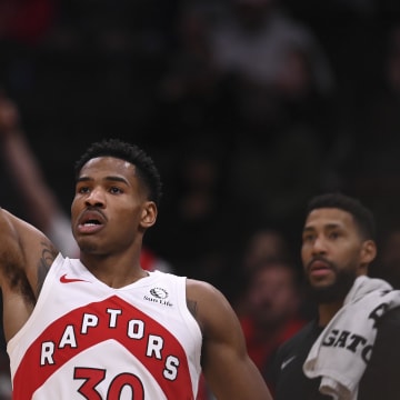 Mar 23, 2024; Washington, District of Columbia, USA;  Toronto Raptors guard Ochai Agbaji (30) shoots a three point basket during the second half against the Washington Wizards at Capital One Arena. Mandatory Credit: Tommy Gilligan-USA TODAY Sports