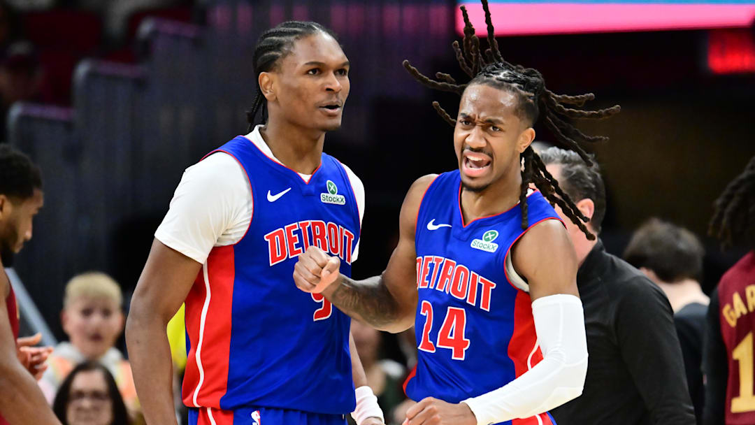 Jan 4, 2026; Cleveland, Ohio, USA; Detroit Pistons guard Ausar Thompson (9) and guard Daniss Jenkins (24) celebrate after a basket against the Cleveland Cavaliers during the second half at Rocket Arena. Mandatory Credit: Ken Blaze-Imagn Images