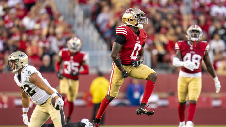 August 18, 2024; Santa Clara, California, USA; San Francisco 49ers cornerback Samuel Womack III (0) celebrates after a defensive stop against the New Orleans Saints during the fourth quarter at Levi's Stadium. Mandatory Credit: Kyle Terada-USA TODAY Sports