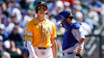 Apr 2, 2025; West Sacramento, California, USA; Athletics first base Tyler Soderstrom (21) looks on after striking out during the fifth inning against the Chicago Cubs at Sutter Health Park. Mandatory Credit: Sergio Estrada-Imagn Images