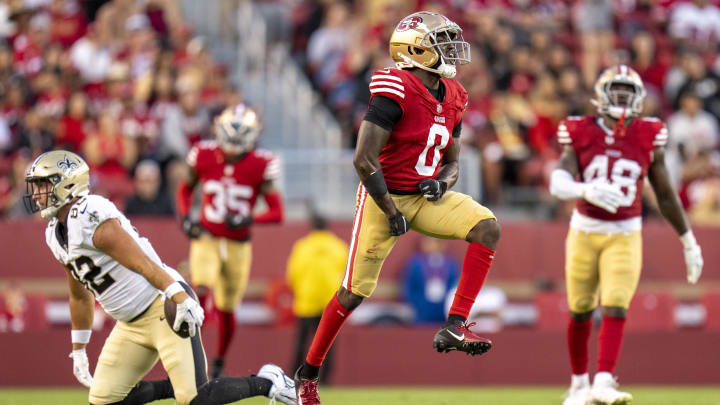 August 18, 2024; Santa Clara, California, USA; San Francisco 49ers cornerback Samuel Womack III (0) celebrates after a defensive stop against the New Orleans Saints during the fourth quarter at Levi's Stadium. Mandatory Credit: Kyle Terada-USA TODAY Sports