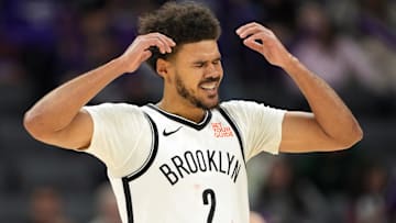 Nov 24, 2024; Sacramento, California, USA; Brooklyn Nets forward Cameron Johnson (2) reacts after a turnover against the Sacramento Kings during the third quarter at Golden 1 Center. Mandatory Credit: Darren Yamashita-Imagn Images
