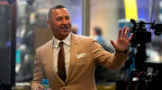 July 15, 2025; Atlanta, GA, USA; Texas head coach Steve Sarkisian waves to fans during SEC Media Days at the College Football Hall of Fame in Atlanta.