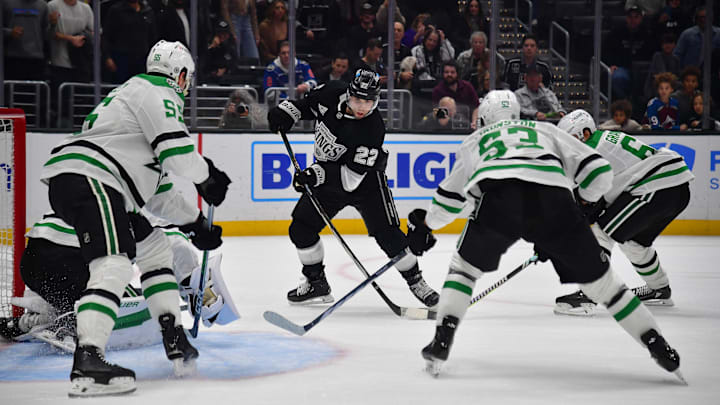 Feb 7, 2025; Los Angeles, California, USA; Los Angeles Kings left wing Kevin Fiala (22) moves in for a shot agianst the Dallas Stars during the overtime period at Crypto.com Arena. Mandatory Credit: Gary A. Vasquez-Imagn Images