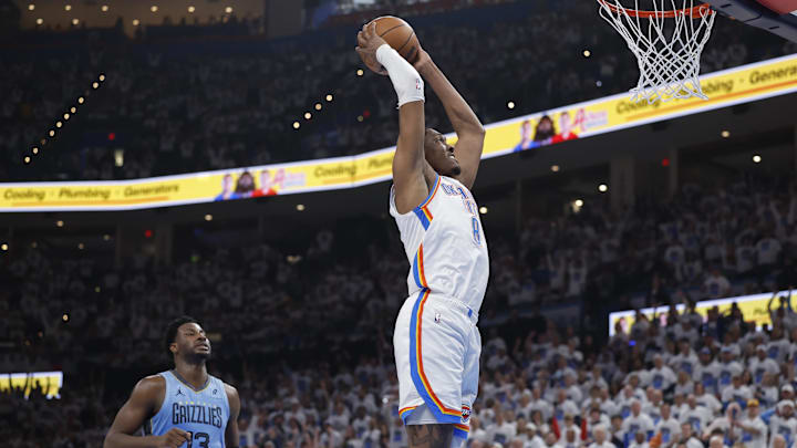 Oklahoma City Thunder forward Jalen Williams dunks vs. the Memphis Grizzlies on April 20, 2025. Oklahoma City Thunder forward Jalen Williams dunks vs. the Memphis Grizzlies on April 20, 2025.