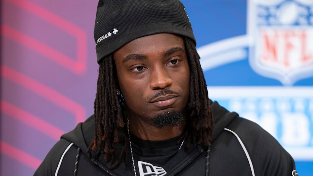 Feb 26, 2026; Indianapolis, IN, USA; Southern California defensive back Bishop Fitzgerald (DB35) speaks to members of the media during the NFL Combine at the Indiana Convention Center. Mandatory Credit: Jacob Musselman-Imagn Images