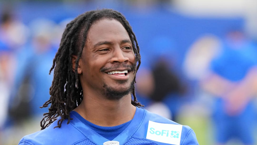 May 28, 2025; Woodland Hills, CA, USA; Los Angeles Rams receiver Tutu Atwell (5) during organized team activities at Rams Practice Facility. Mandatory Credit: Kirby Lee-Imagn Images