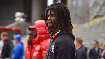 2026 wide receiver Jayden Petit watches from the sidelines during Wisconsin football's April 19 spring showcase inside Camp Randall Stadium.