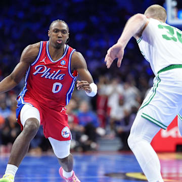 Oct 31, 2025; Philadelphia, Pennsylvania, USA; Philadelphia 76ers guard Tyrese Maxey (0) loses control of the ball against Boston Celtics forward Sam Hauser (30) in the fourth quarter at Xfinity Mobile Arena. Mandatory Credit: Kyle Ross-Imagn Images