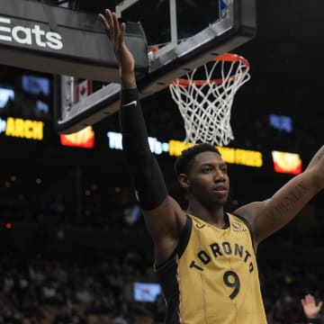 Apr 7, 2024; Toronto, Ontario, CAN; Toronto Raptors guard RJ Barrett (9)reacts after a play against the Washington Wizards during the first half at Scotiabank Arena. Mandatory Credit: John E. Sokolowski-USA TODAY Sports