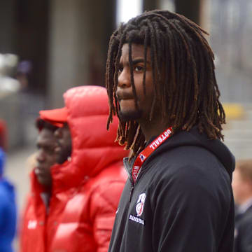 2026 wide receiver Jayden Petit watches from the sidelines during Wisconsin football's April 19 spring showcase inside Camp Randall Stadium.