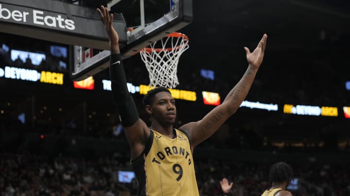 Apr 7, 2024; Toronto, Ontario, CAN; Toronto Raptors guard RJ Barrett (9)reacts after a play against the Washington Wizards during the first half at Scotiabank Arena. Mandatory Credit: John E. Sokolowski-USA TODAY Sports