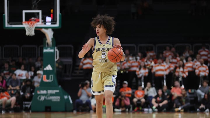 Feb 24, 2024; Coral Gables, Florida, USA; Georgia Tech Yellow Jackets guard Naithan George (2) dribbles the basketball against the Miami Hurricanes during the first half  at Watsco Center. Mandatory Credit: Sam Navarro-USA TODAY Sports