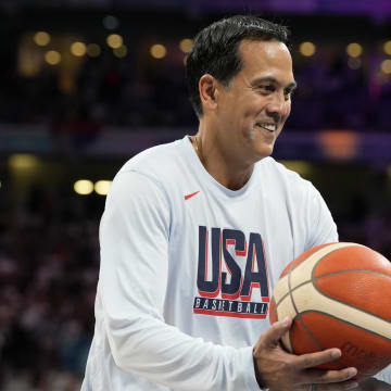 Jul 28, 2024; Villeneuve-d'Ascq, France; USA basketball assistant coach Erik Spoelstra before a game against Serbia during the Paris 2024 Olympic Summer Games at Stade Pierre-Mauroy. Mandatory Credit: John David Mercer-USA TODAY Sports