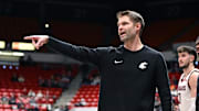 Feb 8, 2025; Pullman, Washington, USA; Washington State Cougars head coach David Riley reacts after a play against the Pepperdine Waves in the first half at Friel Court at Beasley Coliseum. Mandatory Credit: James Snook-Imagn Images