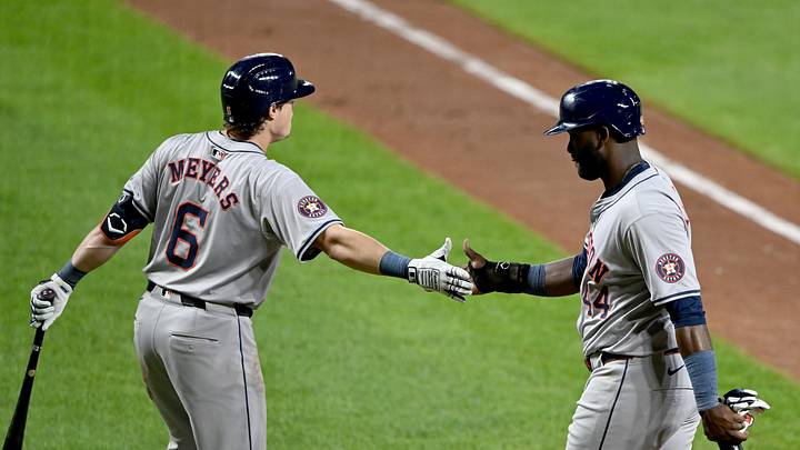 Houston Astros outfielders Yordan Alvarez, Jake Meyers