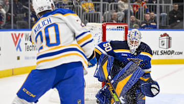 Dec 29, 2024; St. Louis, Missouri, USA;  St. Louis Blues goaltender Jordan Binnington (50) gives up a goal to Buffalo Sabres center Jiri Kulich (20) during the third period at Enterprise Center. Mandatory Credit: Jeff Curry-Imagn Images