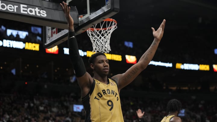 Apr 7, 2024; Toronto, Ontario, CAN; Toronto Raptors guard RJ Barrett (9)reacts after a play against the Washington Wizards during the first half at Scotiabank Arena. Mandatory Credit: John E. Sokolowski-USA TODAY Sports