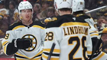 Apr 13, 2025; Pittsburgh, Pennsylvania, USA;  Boston Bruins center Morgan Geekie (39) celebrates with center Elias Lindholm (28) and right wing David Pastrnak (88)  after scoring a goal against the Pittsburgh Penguins during the second period at PPG Paints Arena. Mandatory Credit: Charles LeClaire-Imagn Images