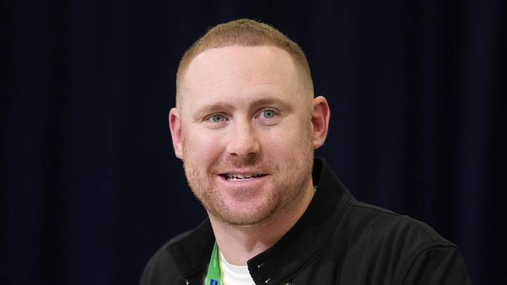 Feb 24, 2026; Indianapolis, IN, USA; Buffalo Bills coach Joe Brady speaks at the NFL Scouting Combine at the Indiana Convention Center. Mandatory Credit: Kirby Lee-Imagn Images