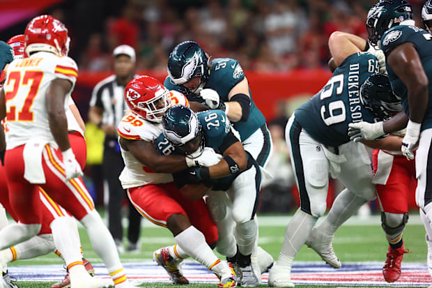 Former Alabama Crimson Tide offensive lineman Landon Dickerson of the Philadelphia Eagles in Super Bowl LIX.