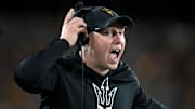 ASU Sun Devils head coach Kenny Dillingham yells out to his team as they play against the Houston Cougars at Mountain America Stadium in Tempe on Oct. 25, 2025.