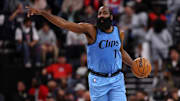 Nov 17, 2024; Inglewood, California, USA;  Los Angeles Clippers guard James Harden (1) dribbles the ball during the third quarter against the Utah Jazz at Intuit Dome. Mandatory Credit: Kiyoshi Mio-Imagn Images