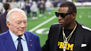 Nov 30, 2023; Arlington, Texas, USA; Colorado Buffaloes head coach Deion Sanders (right) talks with Dallas Cowboys owner Jerry Jones before the game against the Seattle Seahawks at AT&T Stadium. Mandatory Credit: Tim Heitman-Imagn Images