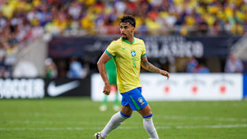 Jun 12, 2024; Orlando, Florida, USA;  Brazil midfielder Lucas Paqueta (8) controls the ball against the United States in the first half during the Continental Clasico at Camping World Stadium. Mandatory Credit: Nathan Ray Seebeck-Imagn Images