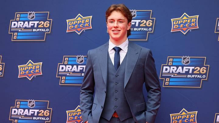 Jun 26, 2026; Buffalo, New York, USA; NHL prospect Daxon Rudolph before the first round of the 2026 NHL Draft at KeyBank Center. Mandatory Credit: Timothy T. Ludwig-Imagn Images
