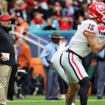 Dec 30, 2023; Miami Gardens, FL, USA; Georgia Bulldogs head coach Kirby Smart before the 2023 Orange Bowl against the Florida State Seminoles at Hard Rock Stadium. Mandatory Credit: Nathan Ray Seebeck-USA TODAY Sports