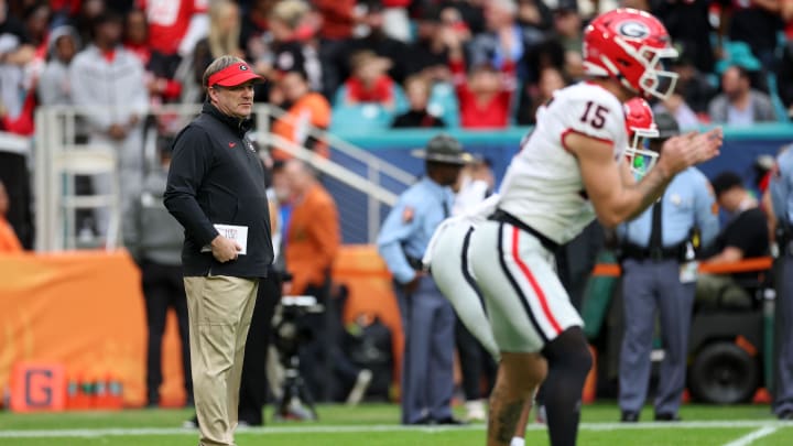 Dec 30, 2023; Miami Gardens, FL, USA; Georgia Bulldogs head coach Kirby Smart before the 2023 Orange Bowl against the Florida State Seminoles at Hard Rock Stadium. Mandatory Credit: Nathan Ray Seebeck-USA TODAY Sports