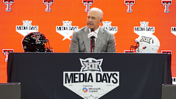Jul 8, 2025; Frisco, TX, USA; Texas Tech head coach Joey McGuire addresses the media during 2025 Big 12 Football Media Days at The Star. Mandatory Credit: Raymond Carlin III-Imagn Images
