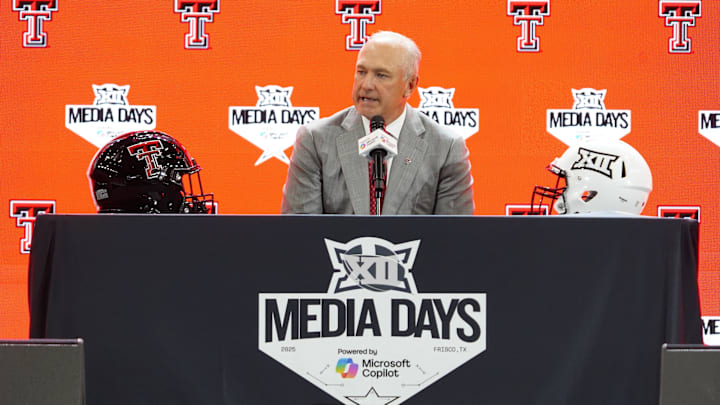 Jul 8, 2025; Frisco, TX, USA; Texas Tech head coach Joey McGuire addresses the media during 2025 Big 12 Football Media Days at The Star. Mandatory Credit: Raymond Carlin III-Imagn Images