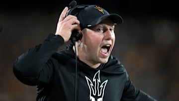ASU Sun Devils head coach Kenny Dillingham yells out to his team as they play against the Houston Cougars at Mountain America Stadium in Tempe on Oct. 25, 2025.