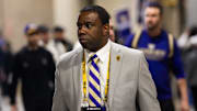 Jan 8, 2024; Houston, TX, USA; Washington Huskies wide receivers coach JaMarcus Shephard against the Michigan Wolverines during the 2024 College Football Playoff national championship game at NRG Stadium. Mandatory Credit: Mark J. Rebilas-Imagn Images