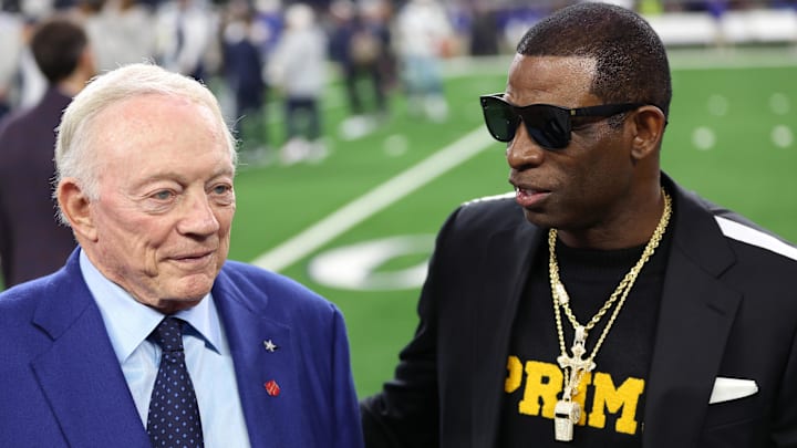Colorado Buffaloes head coach Deion Sanders talks with Dallas Cowboys owner Jerry Jones before the game against the Seattle Seahawks. Colorado Buffaloes head coach Deion Sanders talks with Dallas Cowboys owner Jerry Jones before the game against the Seattle Seahawks.