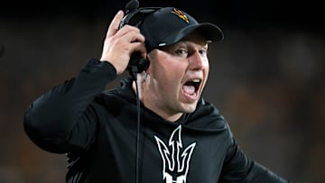 ASU Sun Devils head coach Kenny Dillingham yells out to his team as they play against the Houston Cougars at Mountain America Stadium in Tempe on Oct. 25, 2025.
