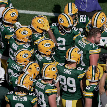 Green Bay Packers center Josh Myers (71) talks to his teammates before their game against the Indianapolis Colts on Sunday.