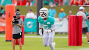 Jul 28, 2025; Miami Gardens, MI, USA; Miami Dolphins linebacker Jaelan Phillips (15) works during training camp at Baptist Health Training Complex. 
