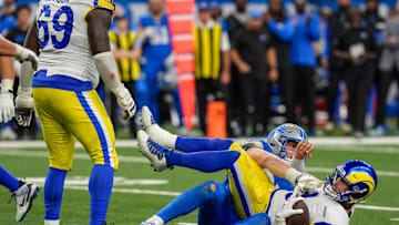 Detroit Lions defensive end Aidan Hutchinson (97) sacks Los Angeles Rams quarterback Matthew Stafford (9) during the second half of the Detroit Lions season opener against the Los Angeles Rams at Ford Field in Detroit, on Sunday, Sept. 8. 2024.