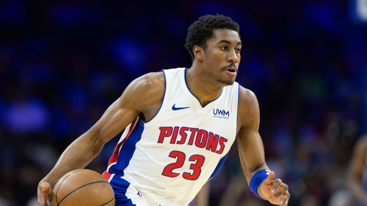 Apr 9, 2024; Philadelphia, Pennsylvania, USA; Detroit Pistons guard Jaden Ivey (23) dribbles the ball against the Philadelphia 76ers during the third quarter at Wells Fargo Center. Mandatory Credit: Bill Streicher-USA TODAY Sports