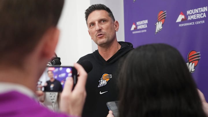Phoenix Mercury head coach Nate Tibbetts speaks to the media after the team's practice at Mountain America Performance Center before their WNBA Finals series against the Las Vegas Aces on Oct. 1, 2025, in Phoenix.