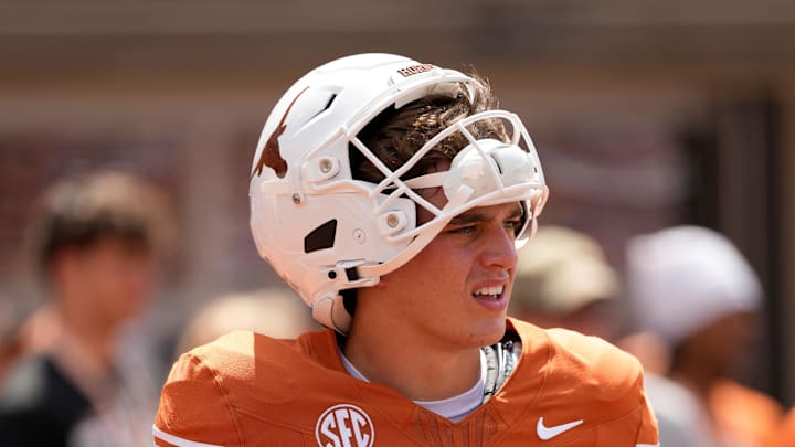 Texas Longhorns quarterback Arch Manning (16) warms up before a game against the Texas El Paso Miners at Darrell K Royal-Texas Memorial Stadium. Texas Longhorns quarterback Arch Manning (16) warms up before a game against the Texas El Paso Miners at Darrell K Royal-Texas Memorial Stadium.