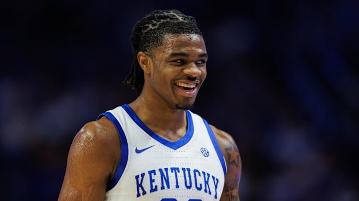 Feb 8, 2025; Lexington, Kentucky, USA; Kentucky Wildcats guard Otega Oweh (00) smiles during the second half against the South Carolina Gamecocks at Rupp Arena at Central Bank Center. Mandatory Credit: Jordan Prather-Imagn Images